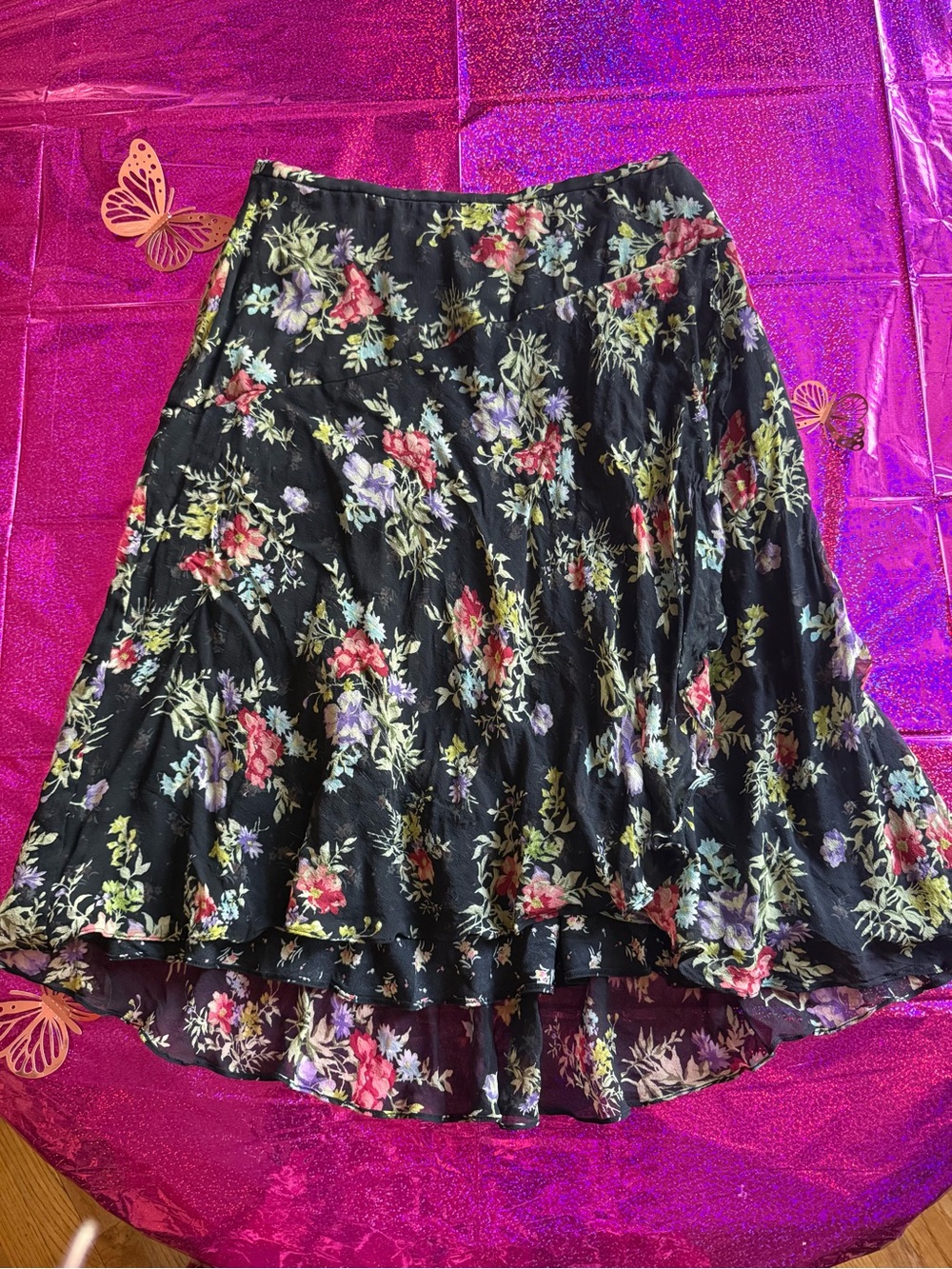 Jones New York Black Floral High-Low Tiered Skirt Silk